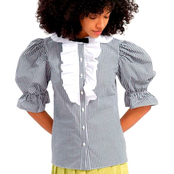 Batsheva Tops - Batsheva Lou Blouse Size 10 Black /White Check Taffeta 3/4 Puffed Sleeves